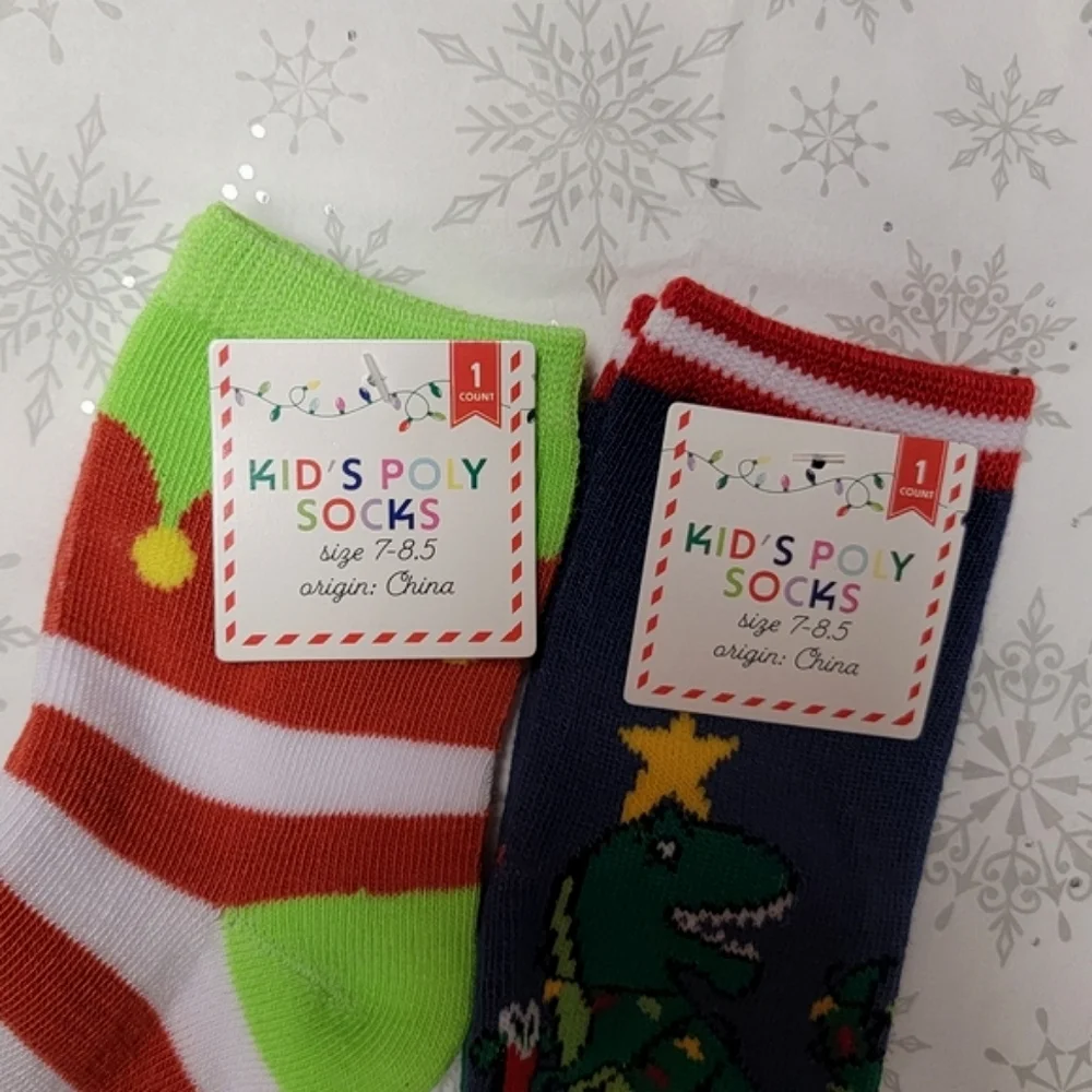 Christmas Kid's Poly Socks Festive Holiday Dinosaur T-rex and Christmas Elf Xmas